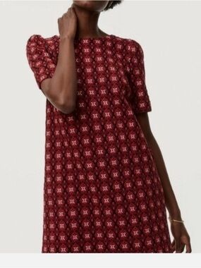 LOFT Red Printed Short-Sleeve Mini Shift Dress NWOT